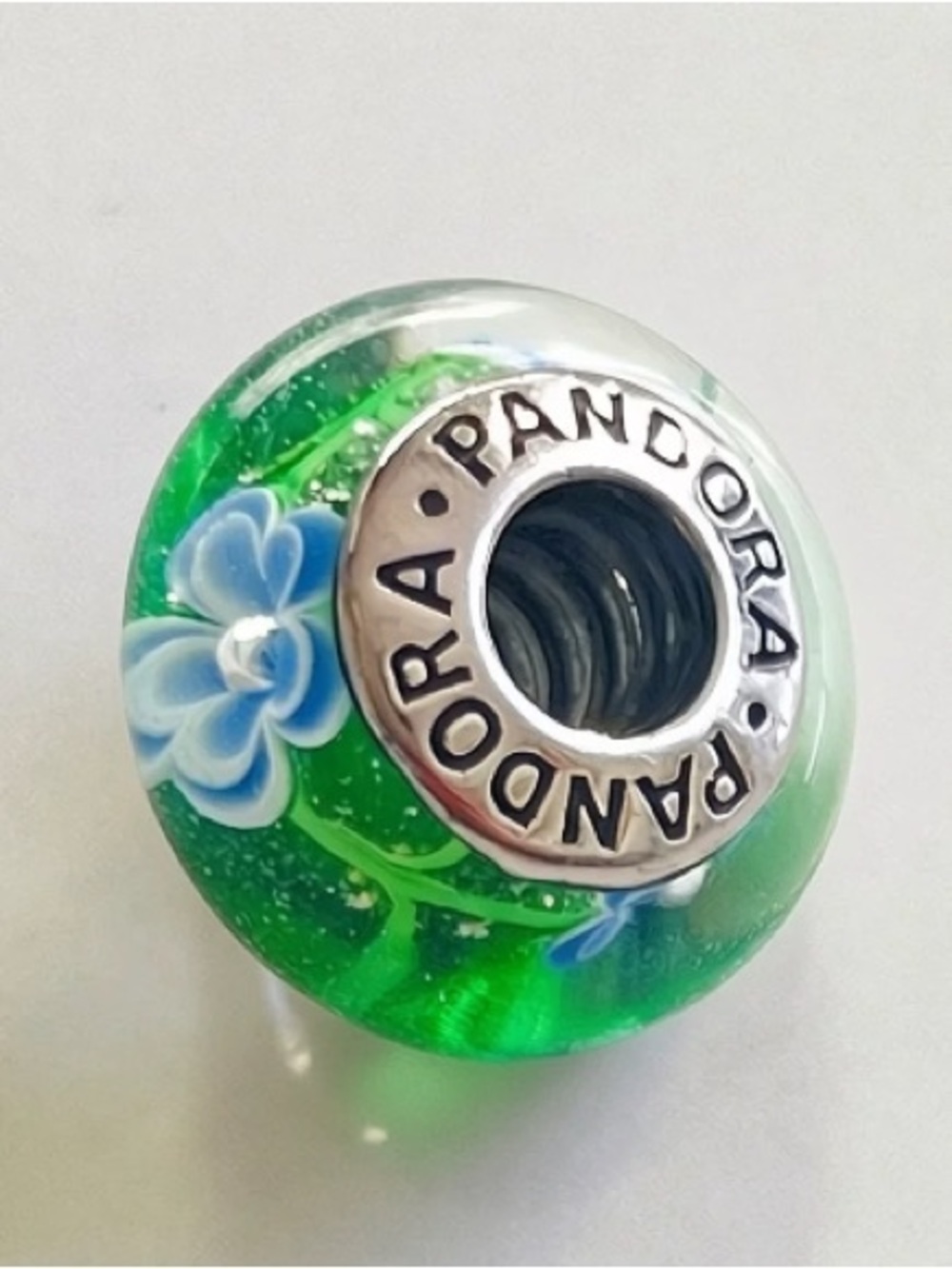Pandora Green Glass Floral Charm with Blue Flower Accents